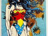 un tableau représentant une femme vêtue d'un costume de super-héroïne, entourée de tournesols