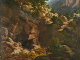 painting of a mountain scene with a man and a dog in the foreground