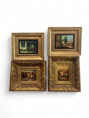 three framed paintings of a man and a woman in a landscape