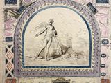 le dessin d'une femme en robe blanche debout devant un cadre bleu et rose