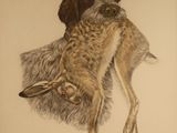 tableau représentant un chien et un lapin couchés l'un sur l'autre