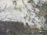 a painting of an apple tree in the foreground