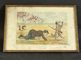 painting of a man laying on the ground in front of a dog with a rifle
