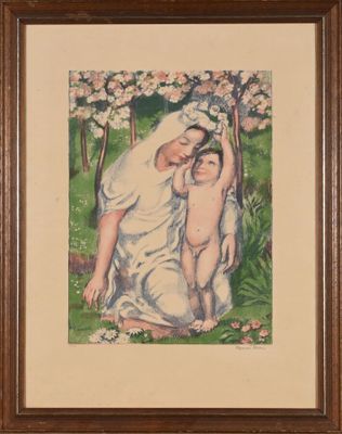 painting of a mother and child in a field of flowers