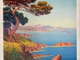 une affiche représentant une vue sur la mer et les montagnes