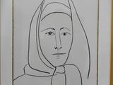 an ink drawing of a woman with a scarf on her head