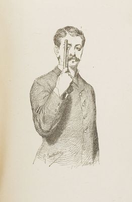 drawing of a man in a suit holding a gun to his face