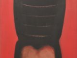 an image of a painting of a black chair on a red background