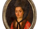 portrait d'une femme en robe rouge et chapeau noir