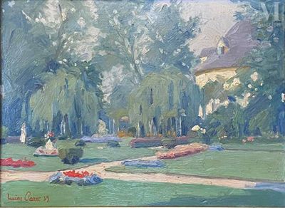 une peinture à l'huile représentant une scène de parc avec une maison en arrière-plan