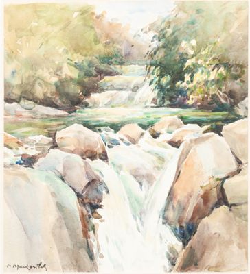 aquarelle représentant un ruisseau avec des rochers et des arbres en arrière-plan