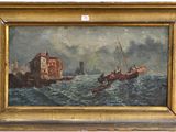 an oil painting of two boats in the water near a building