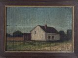 an oil painting of a white house in a field with a fence