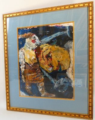 framed painting of a chicken and a basket of fruit on a table
