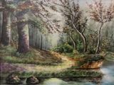 a picture of a painting of a river in the woods