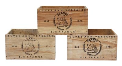 three wooden boxes with logos on them are stacked on top of each other