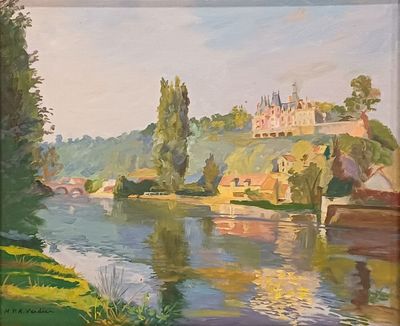 tableau représentant un tableau représentant une rivière avec un château en arrière-plan