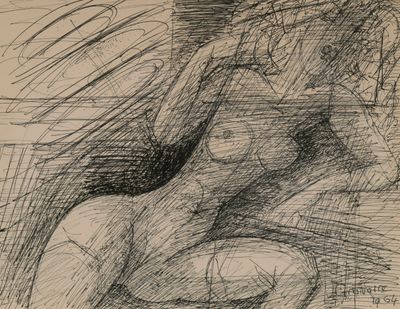 drawing of a nude woman sitting on a couch with her legs crossed