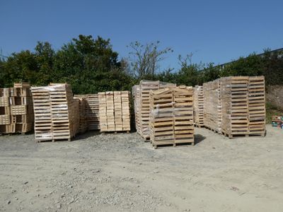 de nombreuses palettes en bois empilées par terre