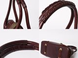 two pictures of a brown purse with a brown strap and a brown purse with a brown handle
