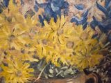 a painting of yellow flowers in a vase on a table