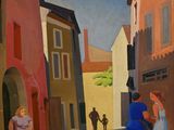 painting of a street scene with a woman and a child on the sidewalk