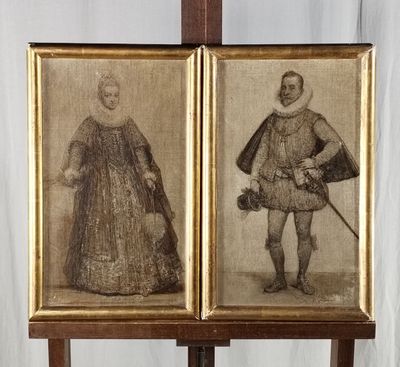 tableau représentant un homme et une femme vêtus de costumes d'époque