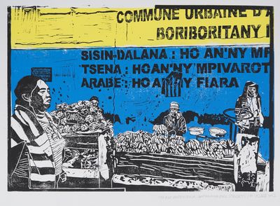 une affiche bleue et jaune sur laquelle figurent un homme et une femme