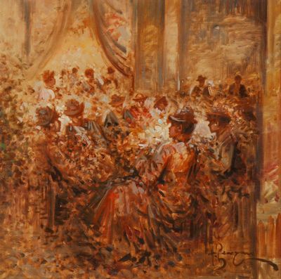 une image représentant un tableau où l'on voit une femme en robe rouge assise devant un bouquet de fleurs