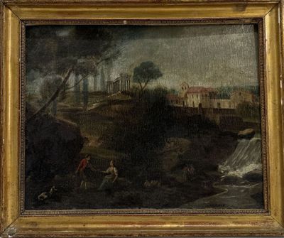 painting of a landscape with a river and a castle in the distance