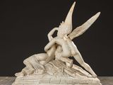 an image of a statue of a woman and a bird on a marble surface