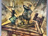 a painting of a still life with a pitcher and fruit on a table