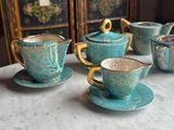 a group of tea cups and saucers sitting on top of a table