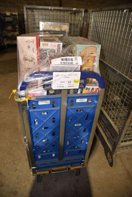 a cart full of boxes and boxes in a warehouse