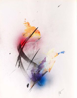 aquarelle abstraite représentant un oiseau rouge, jaune, bleu et noir