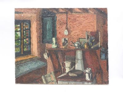 a painting of a kitchen with a stove and a window