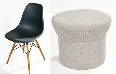 two different types of chairs and a stool