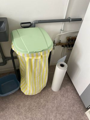 une poubelle à côté des toilettes dans une salle de bains