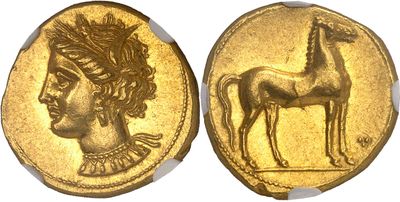 a close up of a gold coin with a horse on it
