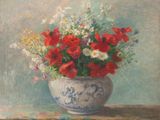 une peinture de fleurs dans un vase sur une table