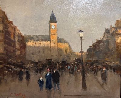 un tableau représentant des personnes marchant dans la rue, avec une tour horloge en arrière-plan