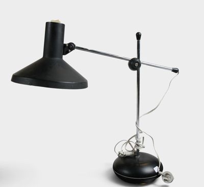 an image of a desk lamp with a black shade on top of it