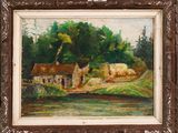 une peinture à l'huile représentant une scène de vie à la ferme, avec une rivière au premier plan