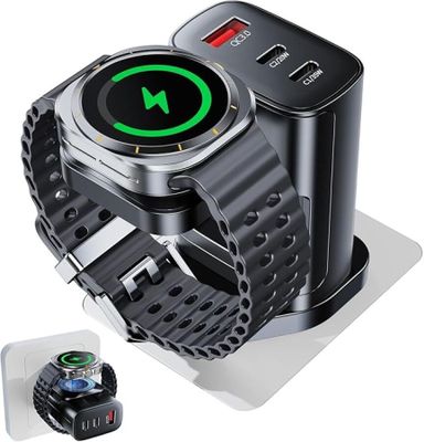 a smart watch sitting on a stand with a charger