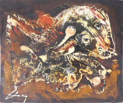 peinture abstraite représentant un homme avec un chien et des oiseaux sur un fond marron