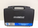 a close up of a black briefcase with a blue handle