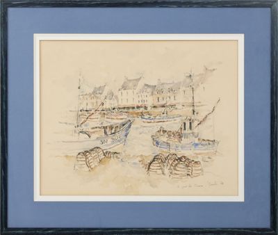 dessin représentant des bateaux dans un port, avec des bâtiments en arrière-plan