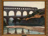 l'image d'une peinture représentant un pont au-dessus d'une étendue d'eau