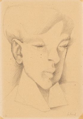 drawing of a young boy with his eyes closed and his eyes closed
