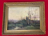 une peinture à l'huile représentant un paysage avec un pont au loin